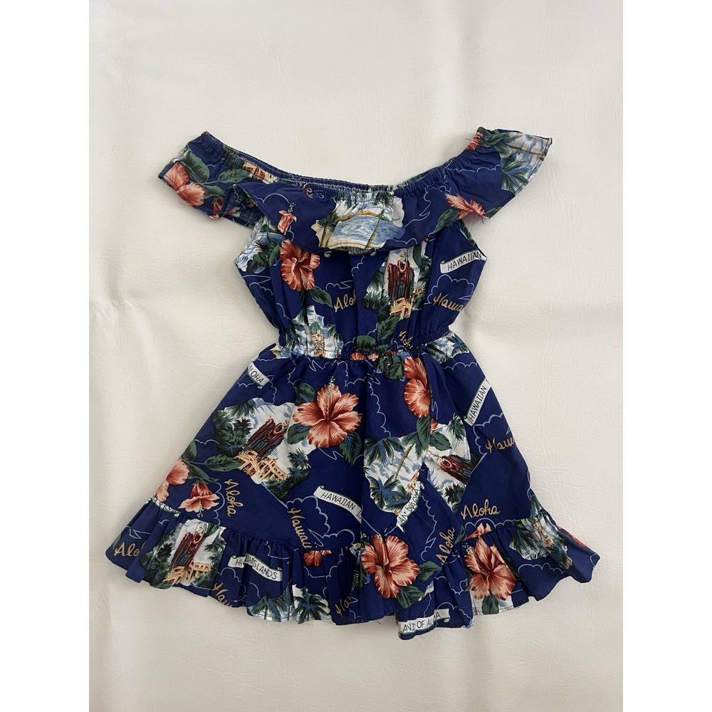 Kole Kole Vintage Blue Hawaiian Print Dress Girl's Size 2 Tropical Resort Summer